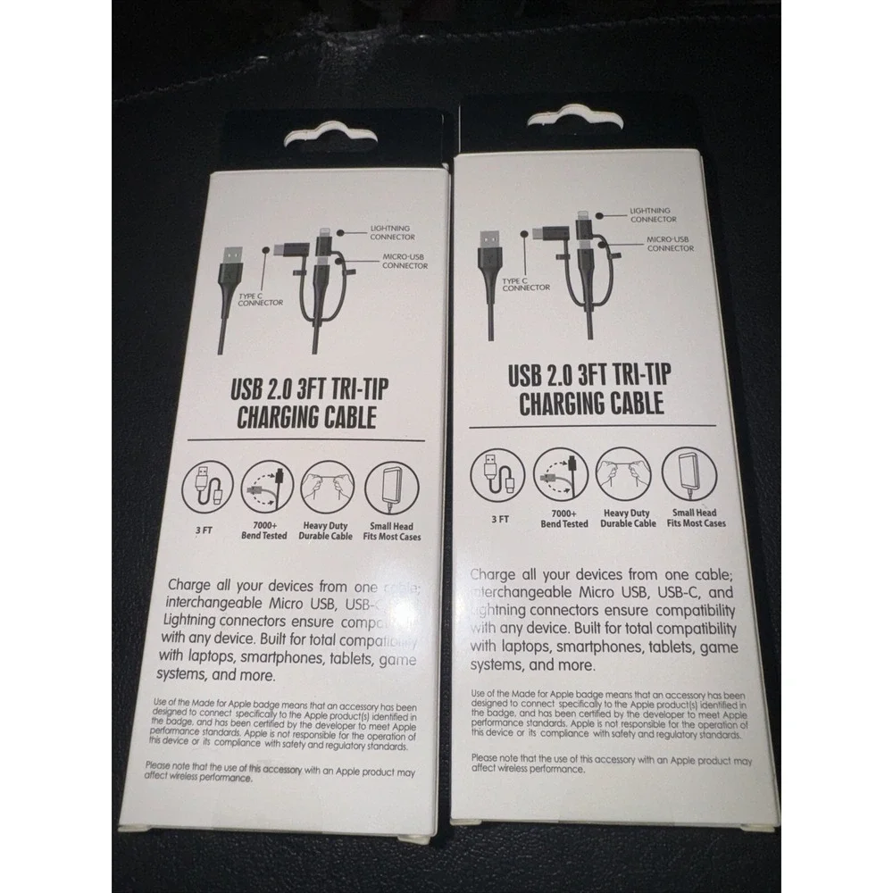2 Universal USB Port Charging Cable 3 ft Tri-Tip iPhone iPad‎ iPod USB-C Micro
